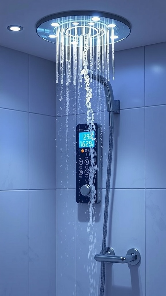 Modern smart shower with rainfall showerhead and digital control panel.