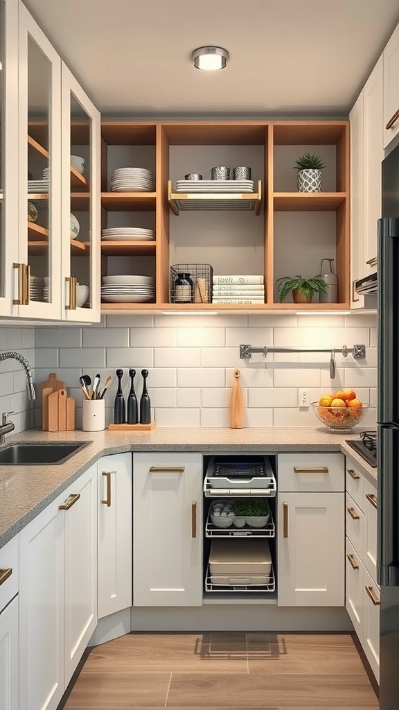 A modern kitchen featuring shaker cabinets, handleless cabinets, and smart storage solutions