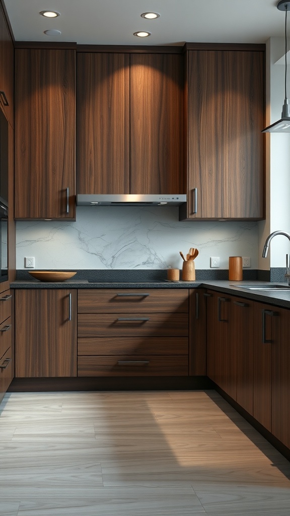 Modern kitchen with sleek wooden cabinets and soft-close mechanisms