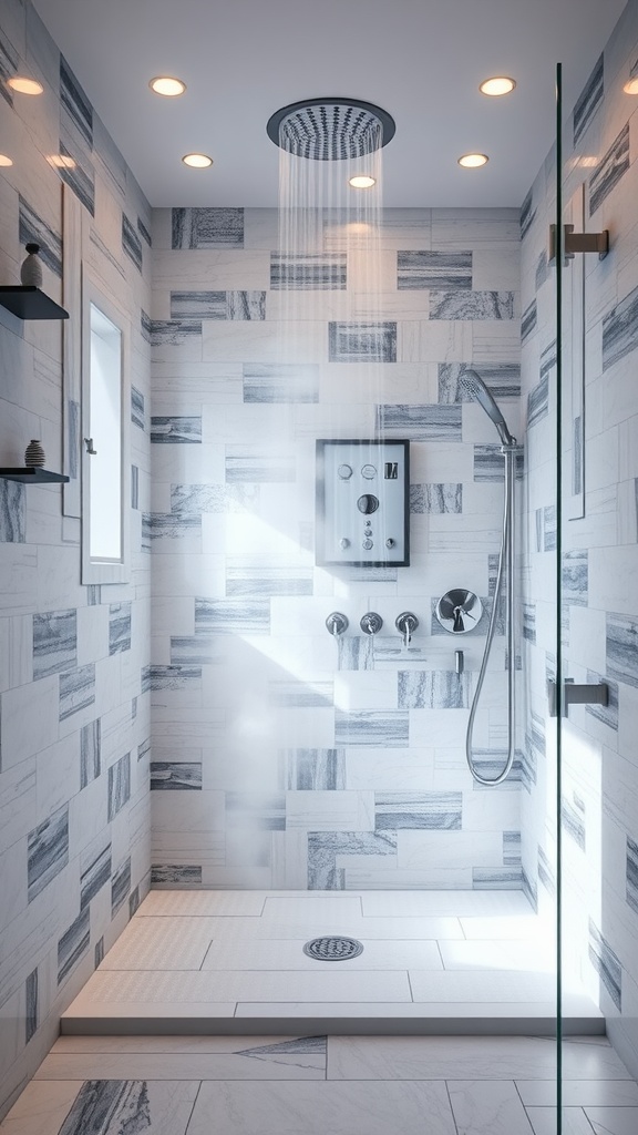 Modern steam shower design with large tiles and ceiling-mounted showerhead