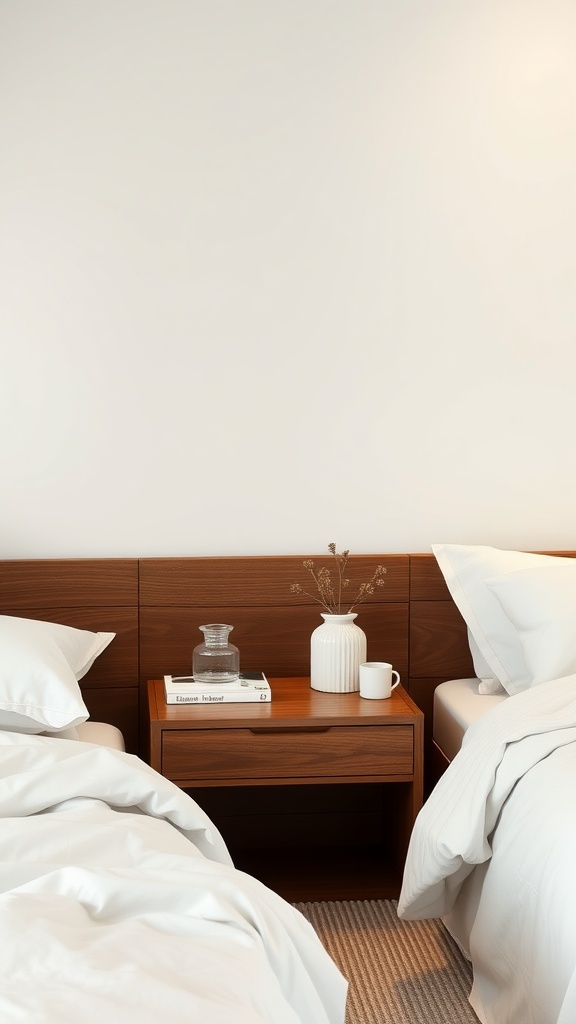 Minimalist bedroom with streamlined nightstands, featuring a simple wooden nightstand with a glass carafe, ceramic cup, and dried flowers.