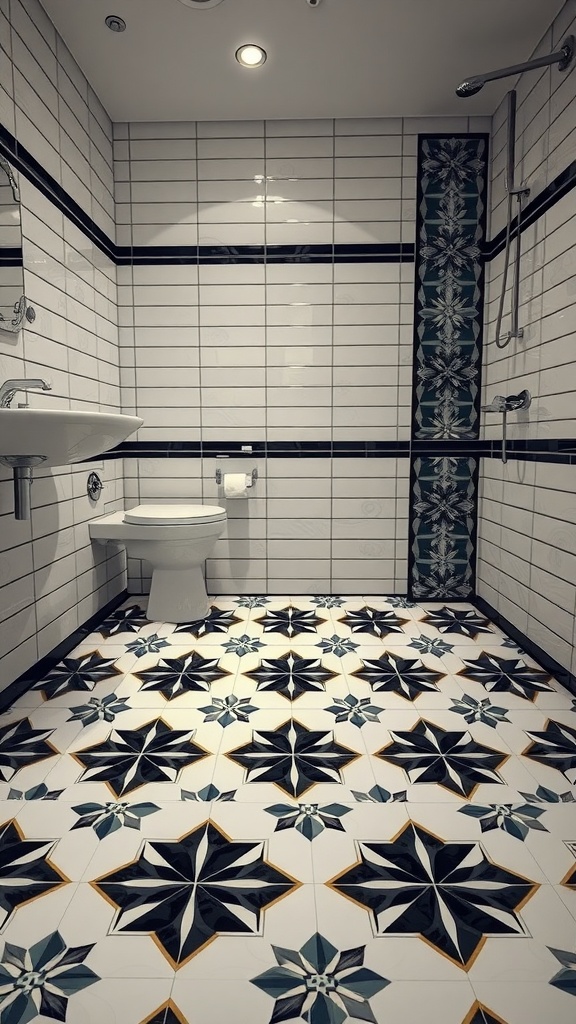 A black and white bathroom featuring intricate star-patterned floor tiles and simple white wall tiles with black accents.