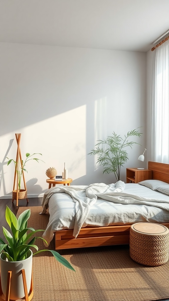 A cozy minimalist bedroom featuring wooden furniture, natural light, and plants.