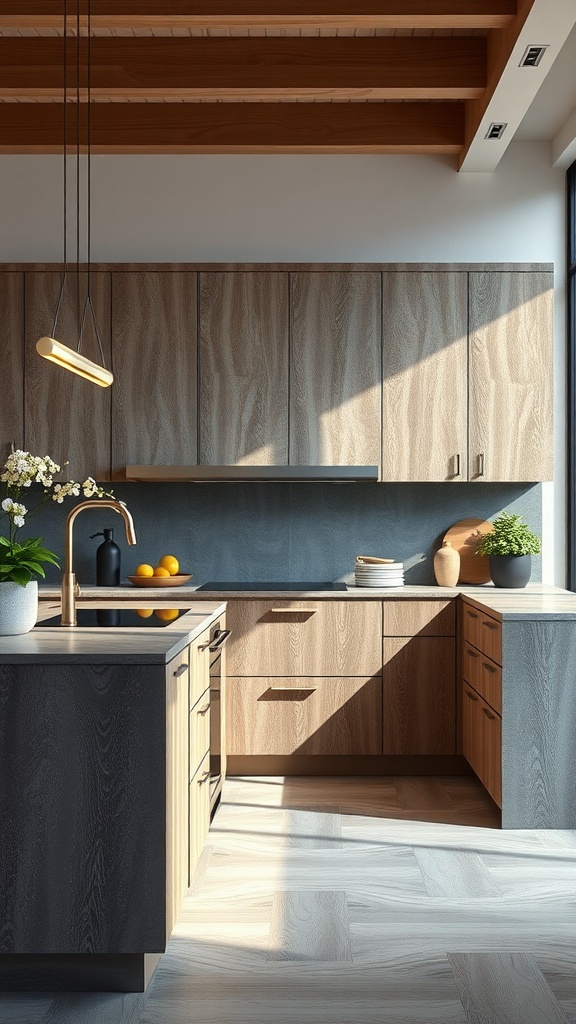 A modern kitchen with textured cabinet finishes, featuring a mix of light and dark wood tones.