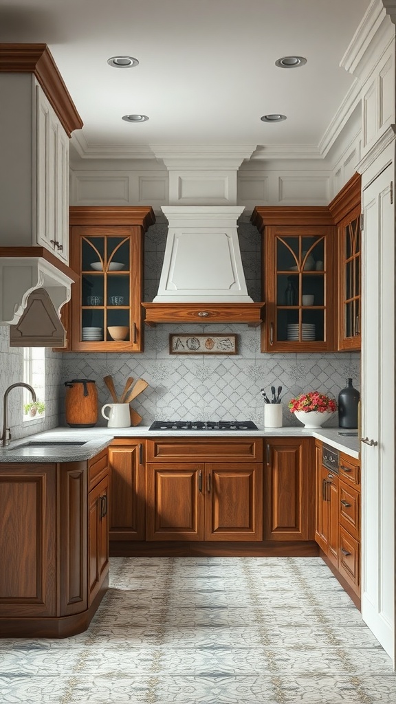 A modern kitchen featuring traditional wooden cabinets, a sleek countertop, and a mix of glass and solid cabinet doors.