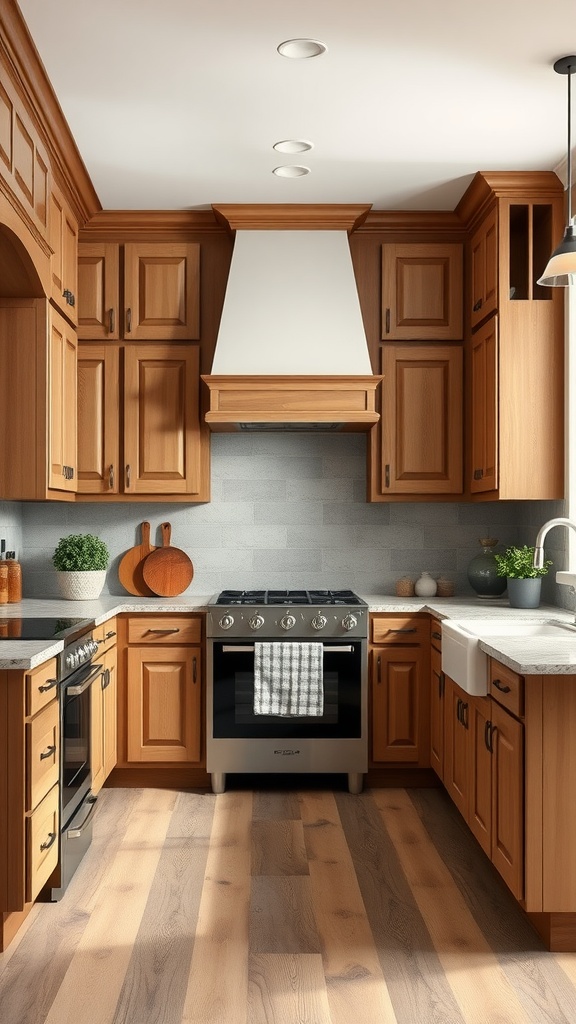 A modern kitchen with wooden cabinets, a stove, and a spacious layout.