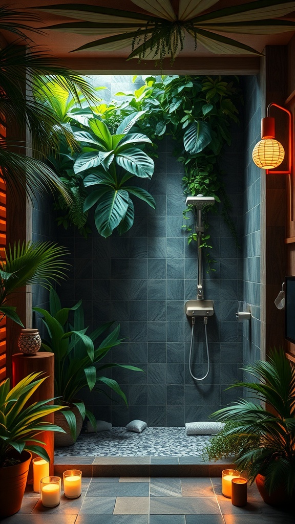 A tropical rainforest-inspired shower with lush plants, modern tiles, and warm candle lighting.