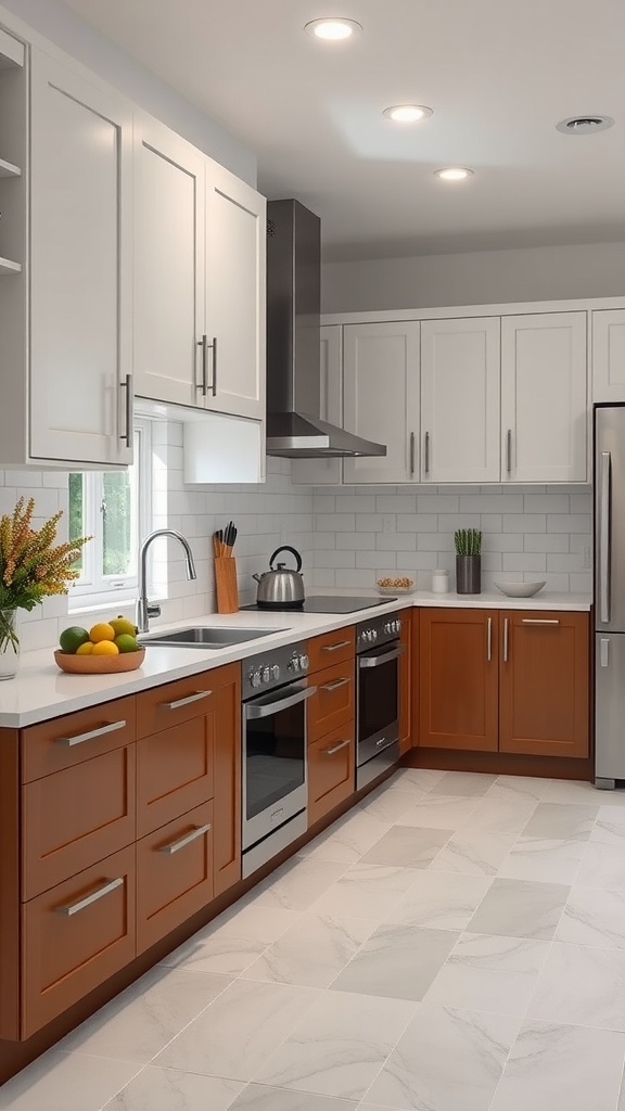 Modern kitchen featuring two-tone cabinets with white upper and wood lower cabinets.