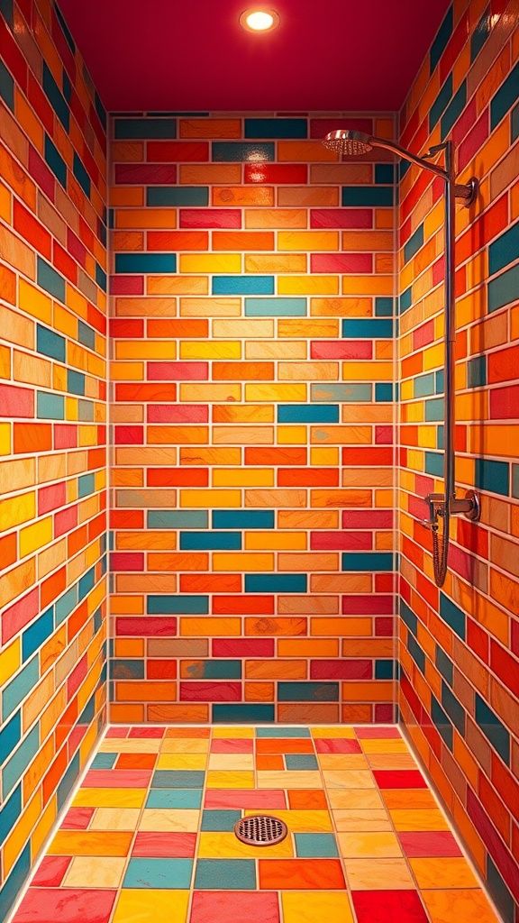Vibrant shower design featuring colorful tiles in orange, blue, and yellow.