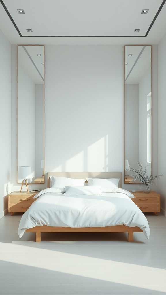 A minimalist bedroom design featuring a bed, wooden furniture, and tall mirrors on either side.
