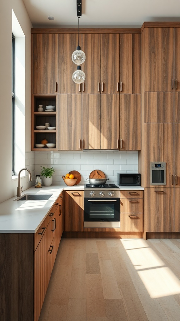 A modern kitchen featuring tall wooden cabinets, handleless design, and a bright, open space.