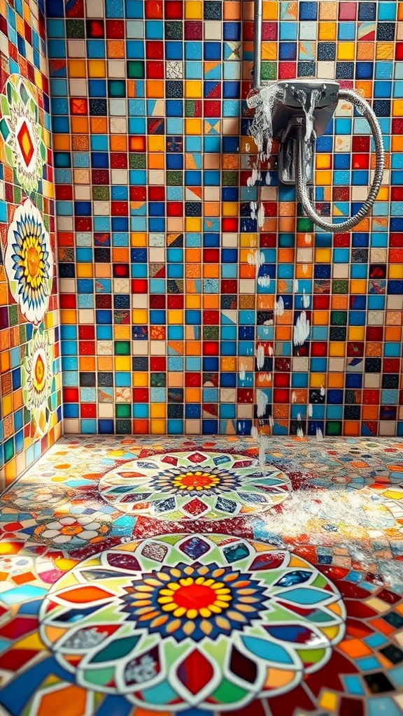 Colorful mosaic tiles in a shower, featuring floral designs and bright colors