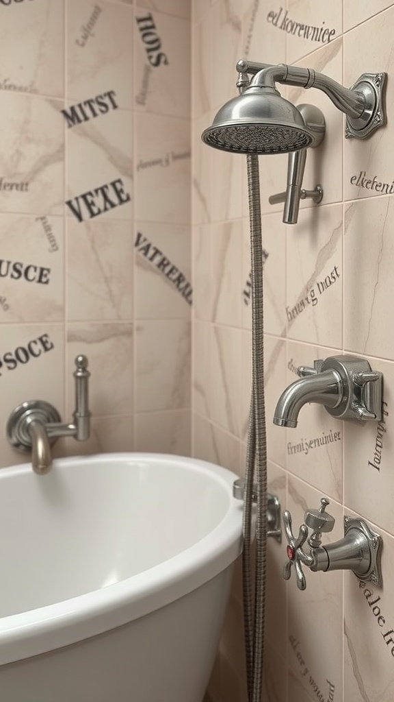 A vintage-style bathroom shower fixture with a polished metal showerhead and classic faucet