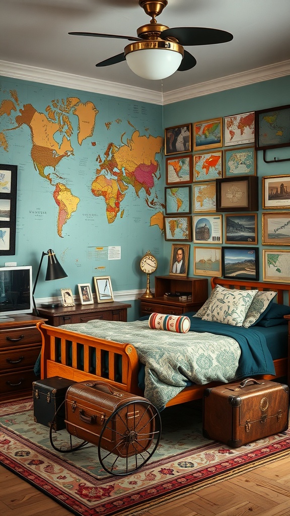 A vintage travel-inspired bedroom featuring a world map wall, wooden bed with soft bedding, and vintage suitcases.