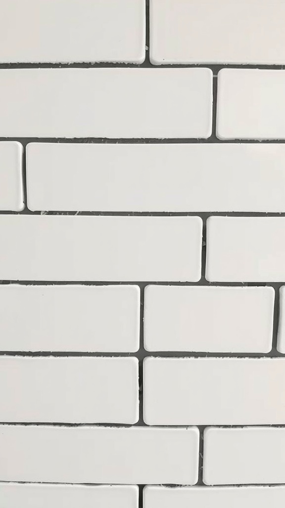 Close-up of white subway tiles with black grout