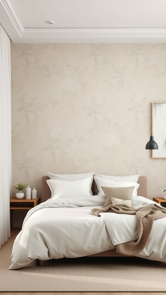 A neutral bedroom featuring an accent wall with subtle patterns, showcasing a clean and calming decor.