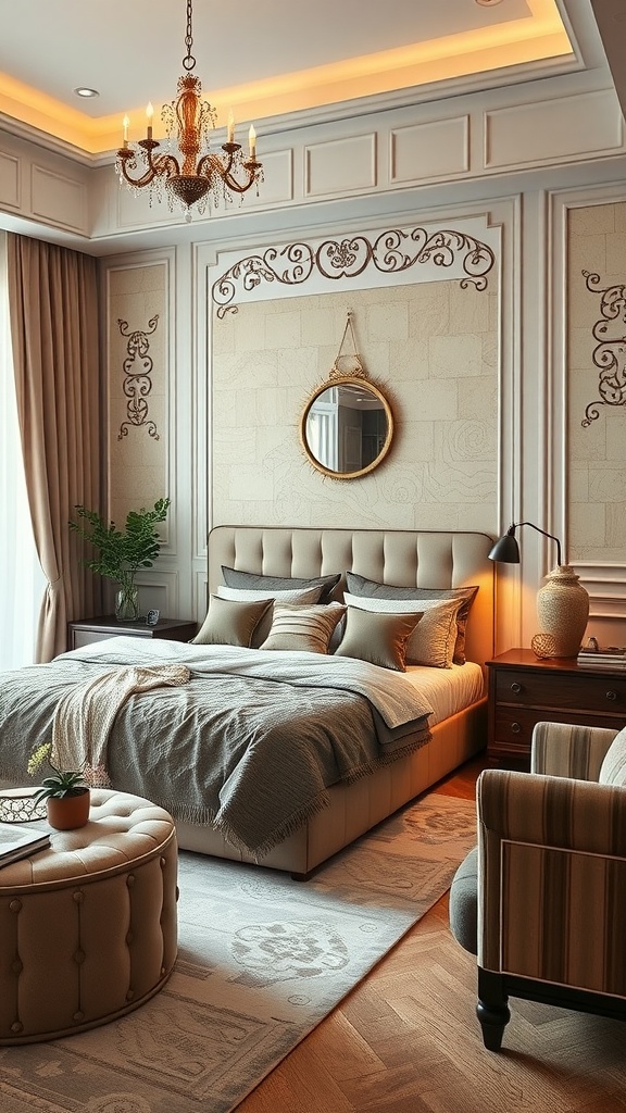 Elegant luxury bedroom with a plush bed, detailed wall designs, a chandelier, and stylish accessories.