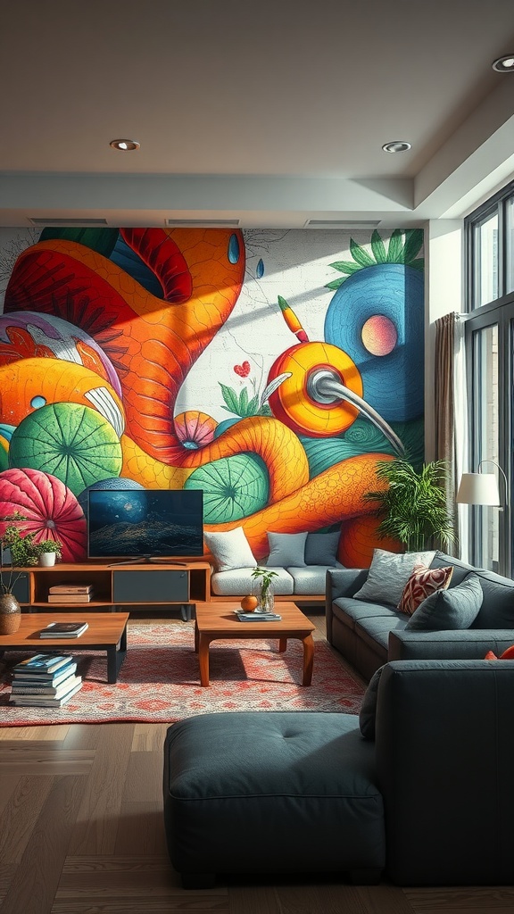 A vibrant wall mural in a living room, featuring bright colors and playful designs, enhancing the space's atmosphere.