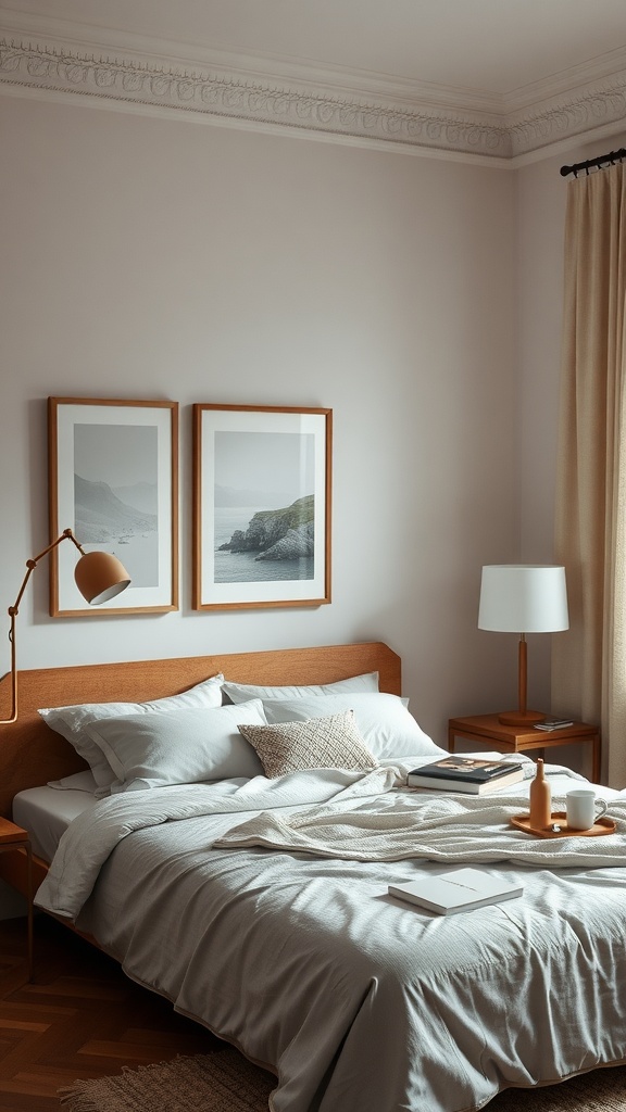 Neutral toned bedroom featuring framed landscape artwork and a cozy bed layout