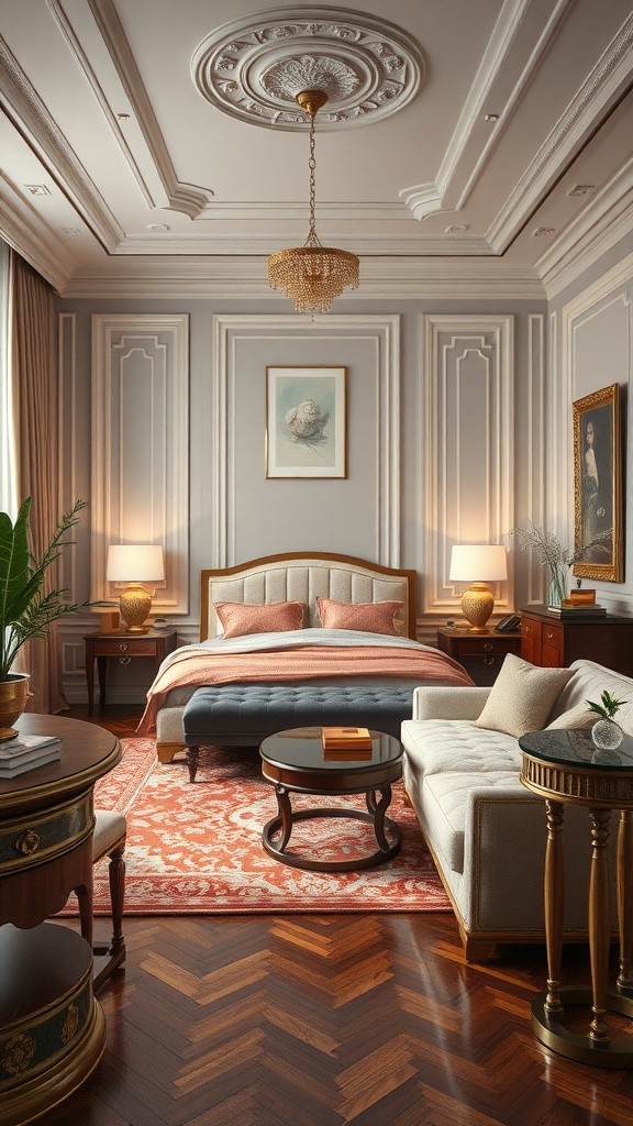 A luxury master bedroom featuring elegant decor, a plush bed, stylish furniture, and intricate ceiling design.
