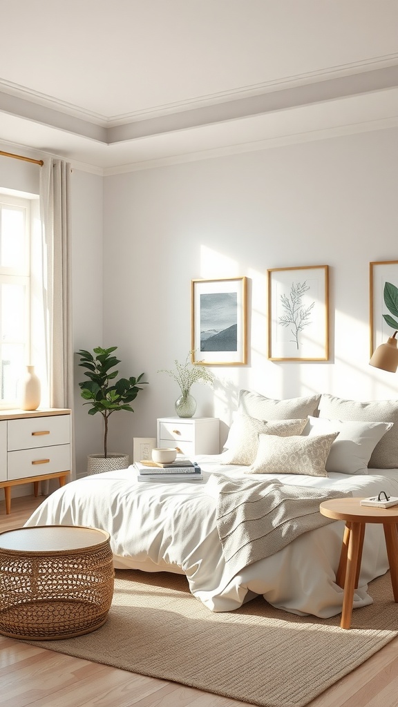 A neutral bedroom featuring earthy tones, minimalistic furniture, and natural light.