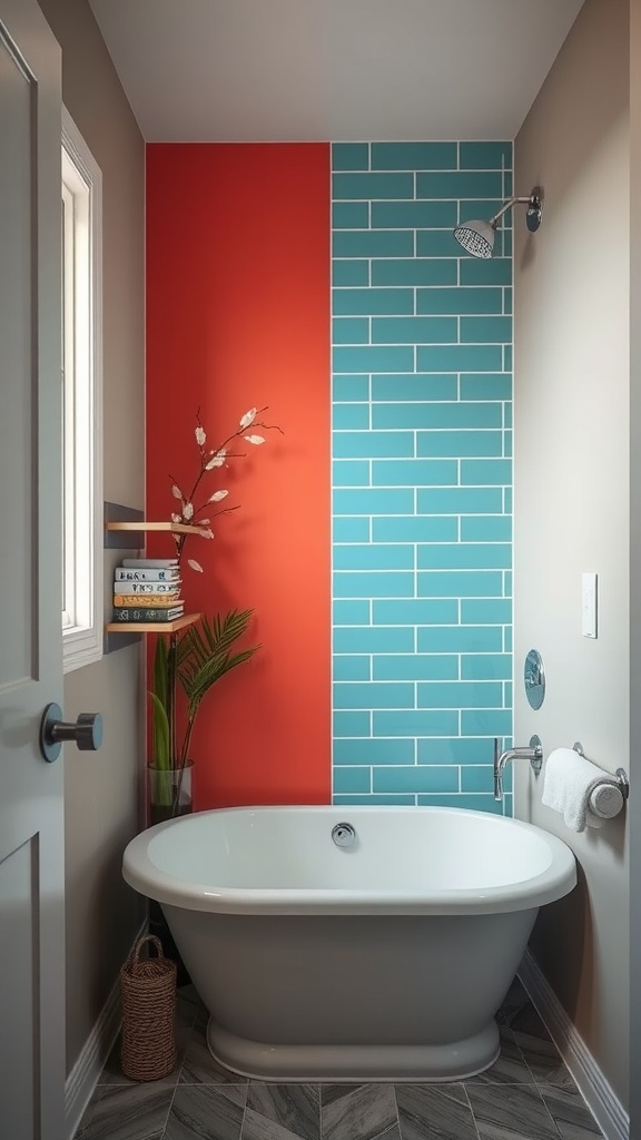 A small bathroom featuring a bold red accent wall behind a white bathtub with blue tiled section.