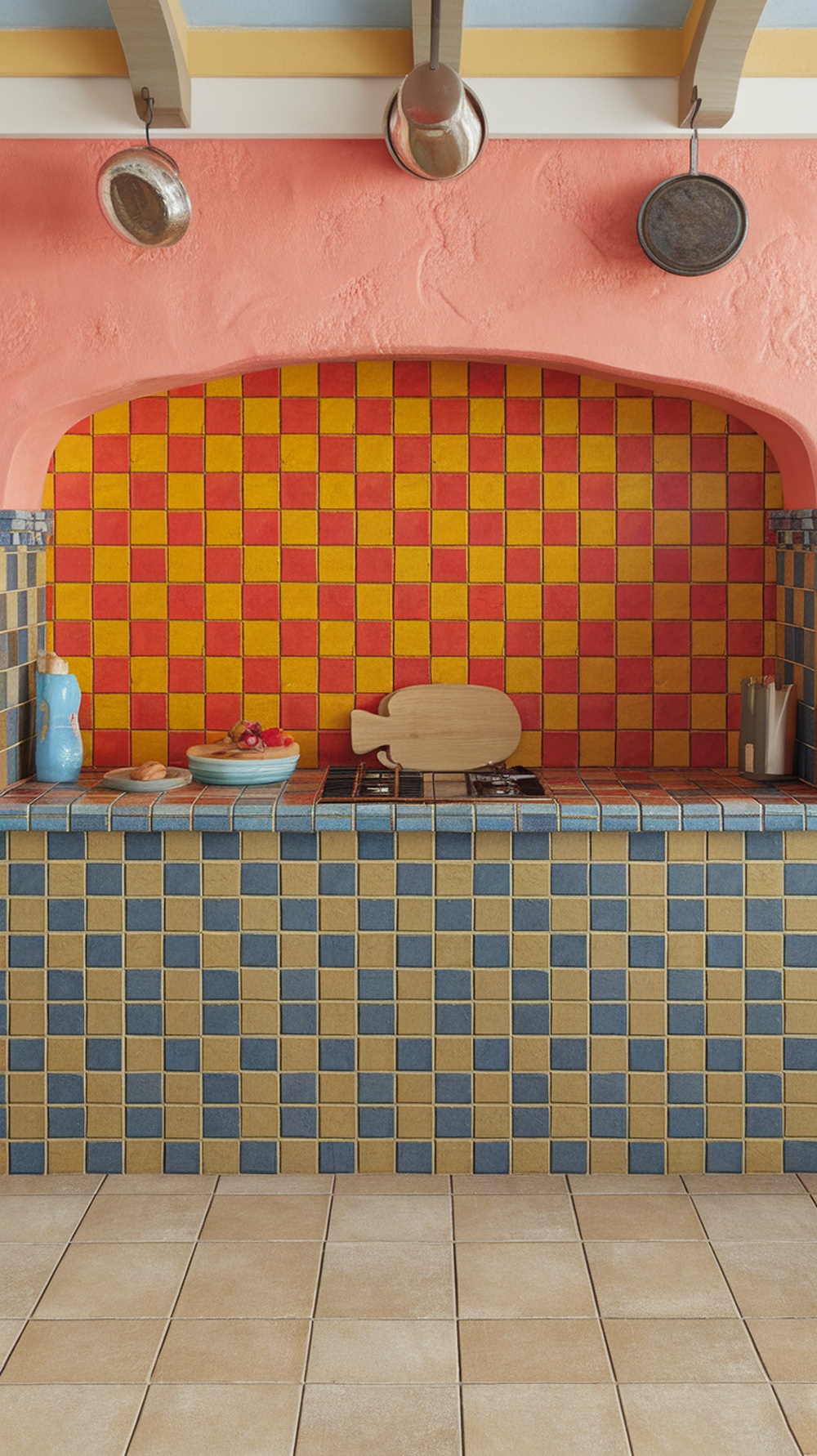 A vibrant backsplash made of red and yellow tiles in a kitchen, showcasing a bold checkerboard pattern.