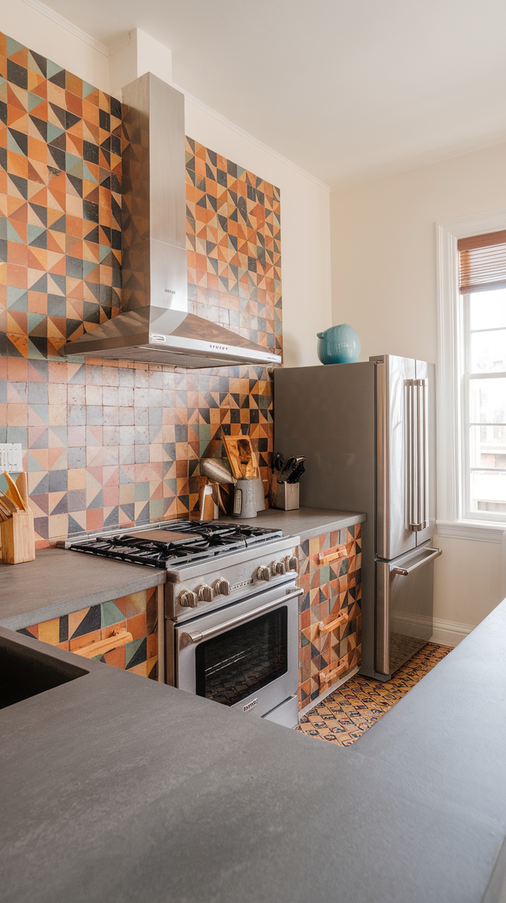 A kitchen backsplash featuring bold geometric patterns with colorful tiles.