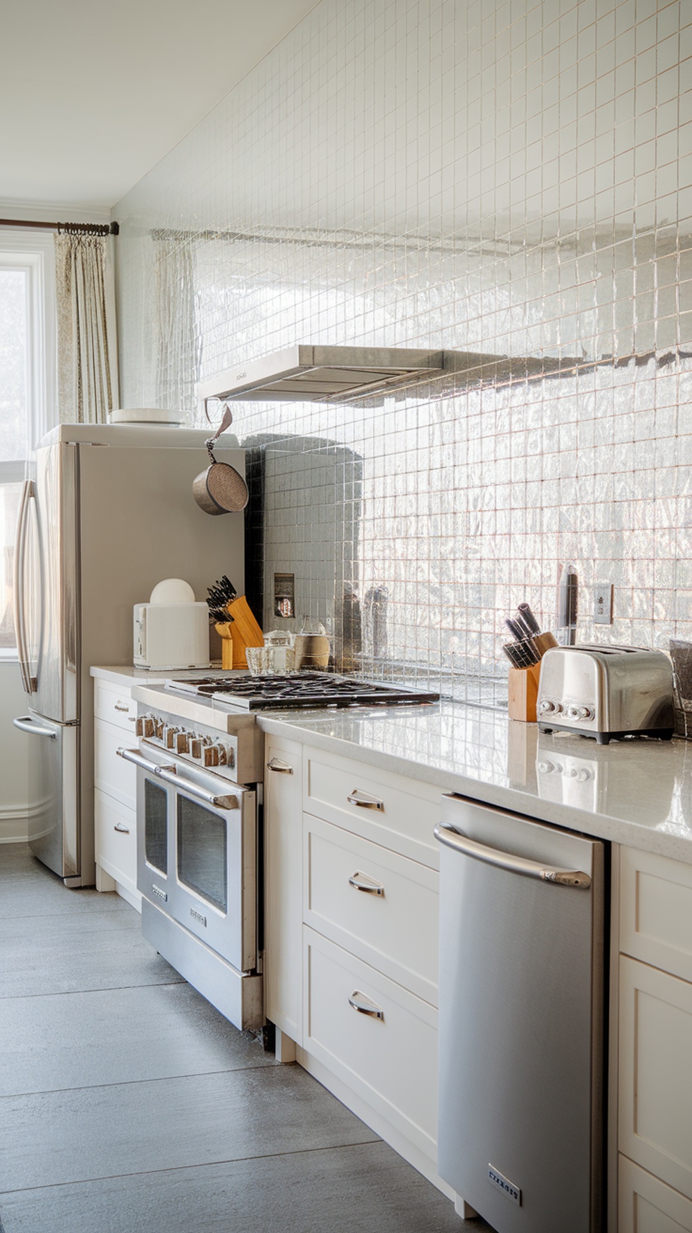 A bright white shimmering glass kitchen backsplash reflecting light and enhancing the kitchen's modern design.