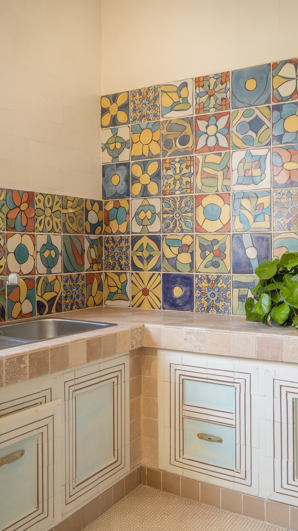 A corner kitchen with a backsplash of brightly colored hand-painted tiles featuring floral and geometric patterns.