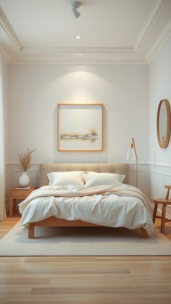 A serene and minimalist modern bedroom with neutral decor, showcasing soft bedding and natural wood elements.