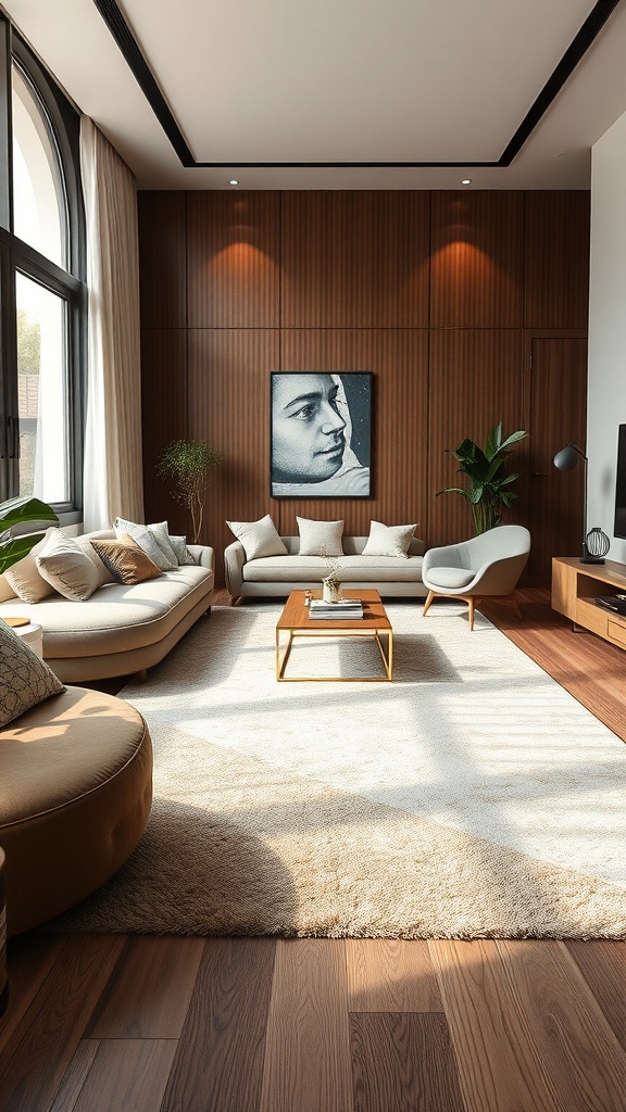 A stylish living room with a light carpet, cozy sectional sofa, and wooden flooring.