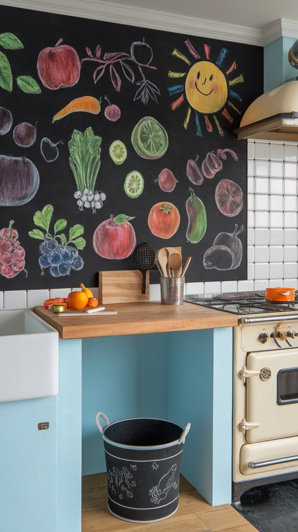 Colorful chalk drawings of fruits and vegetables on a chalkboard wall in a kitchen