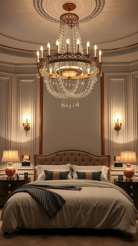 Elegant chandelier and lamps in a luxury master bedroom