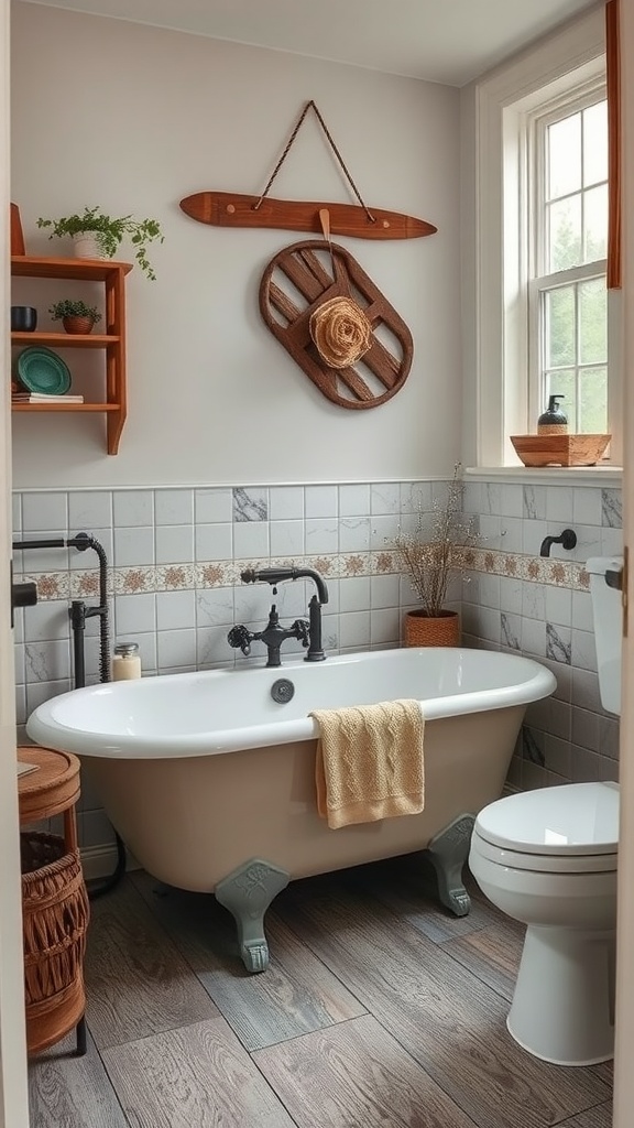 A vintage style bathtub with elegant feet, complemented by rustic decor and warm tones in a small bathroom.