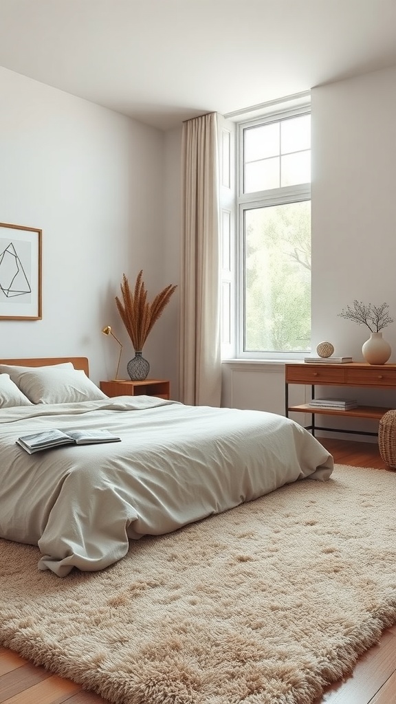 A serene neutral bedroom featuring a plush beige area rug, a soft bed, and natural light from a window.