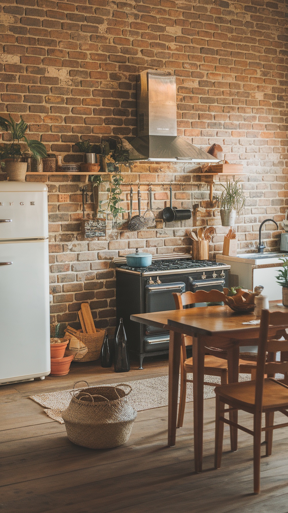A cozy kitchen featuring a classic brick wall backsplash with rustic decor and wooden elements.
