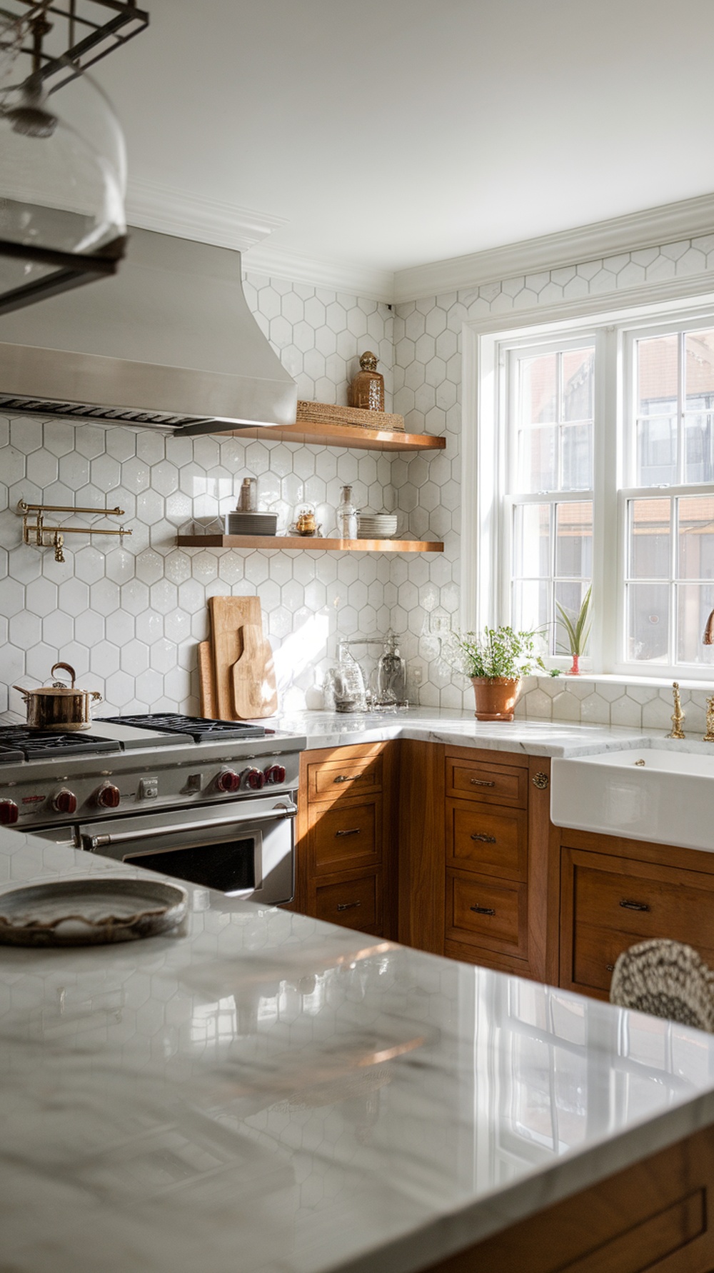 A modern kitchen with hexagon tile backsplash featuring wooden cabinets and a bright countertop