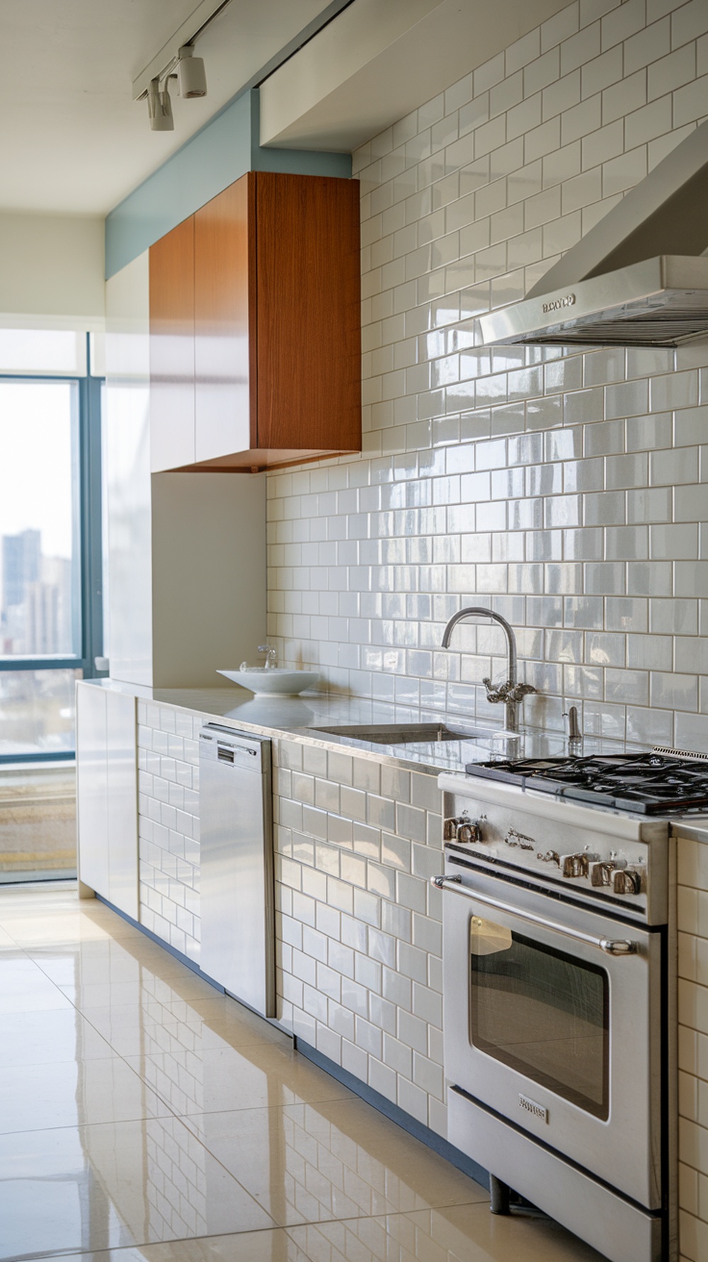 Modern kitchen featuring classic white subway tile backsplash with stainless steel appliances.