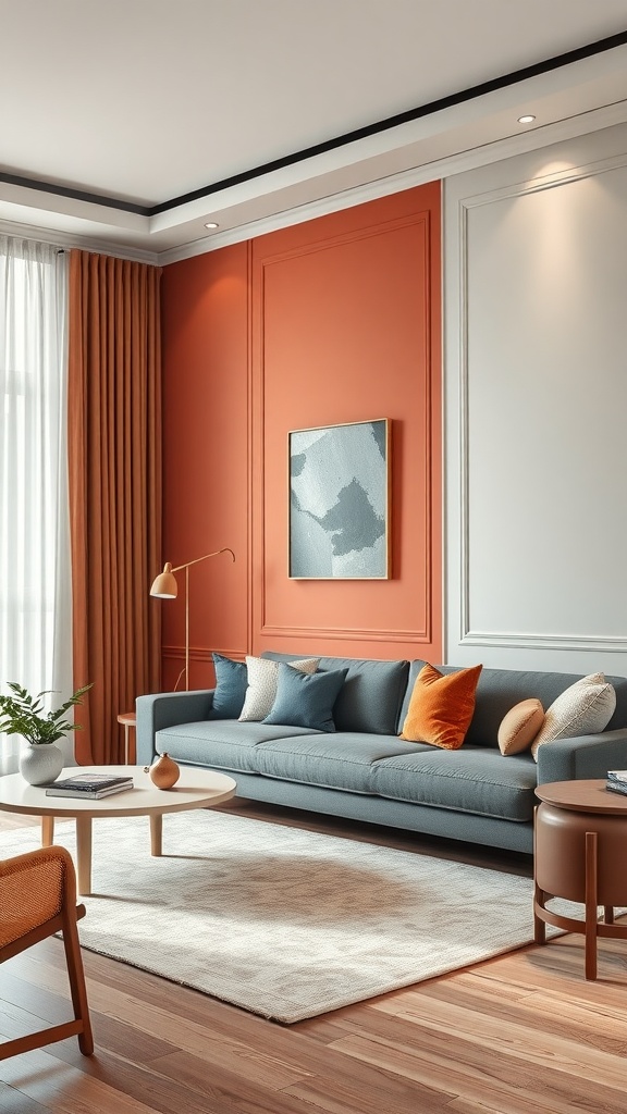 A stylish living room featuring a combination of orange and blue colors with a sofa, coffee table, and decorative items.