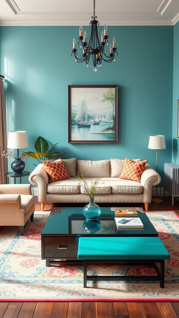 A cozy living room featuring a sleek center table, blue sofas, and colorful decor.
