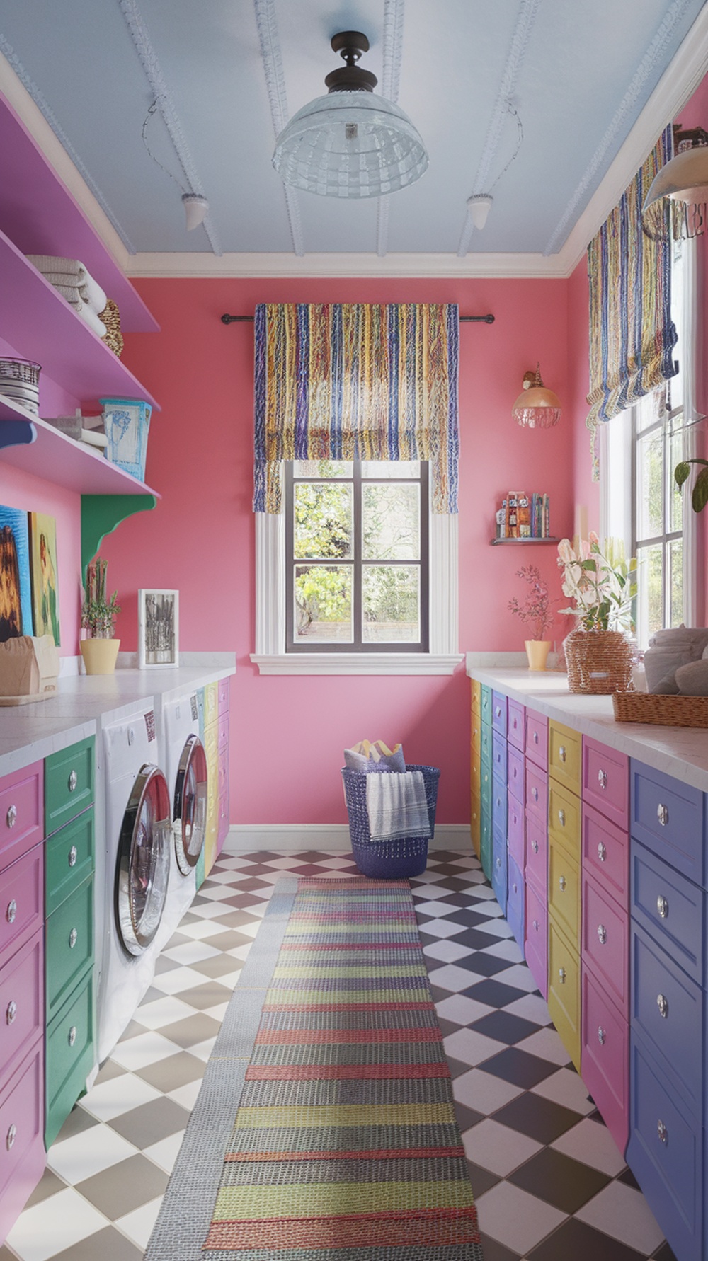 Colorful laundry room with pink walls and vibrant cabinets