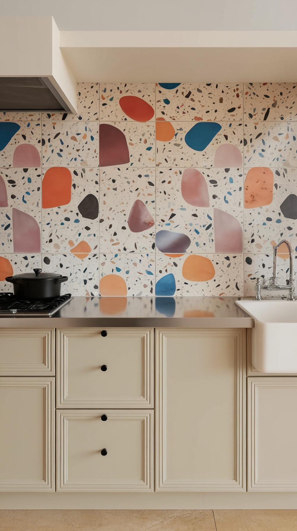 Colorful terrazzo backsplash with various shapes in a modern kitchen setting.