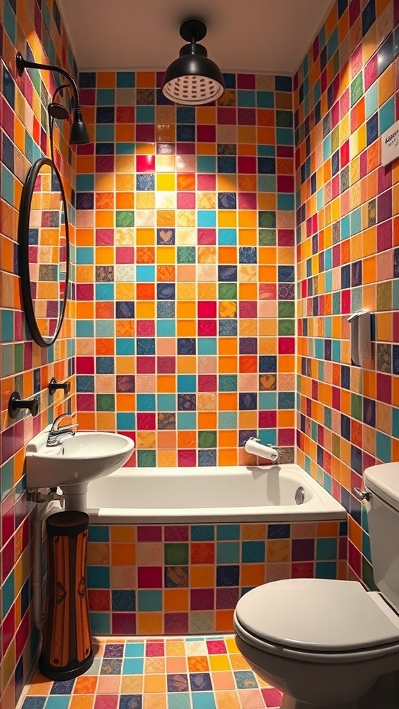 A small bathroom featuring colorful tiles around a tub.