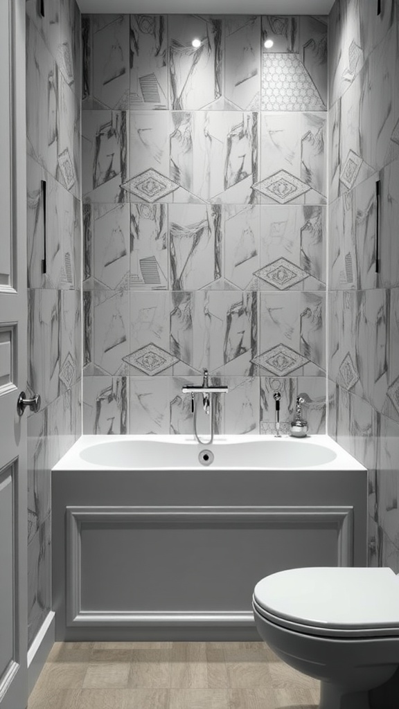 A compact bathroom featuring a stylish tub, modern tiles, and a clean layout