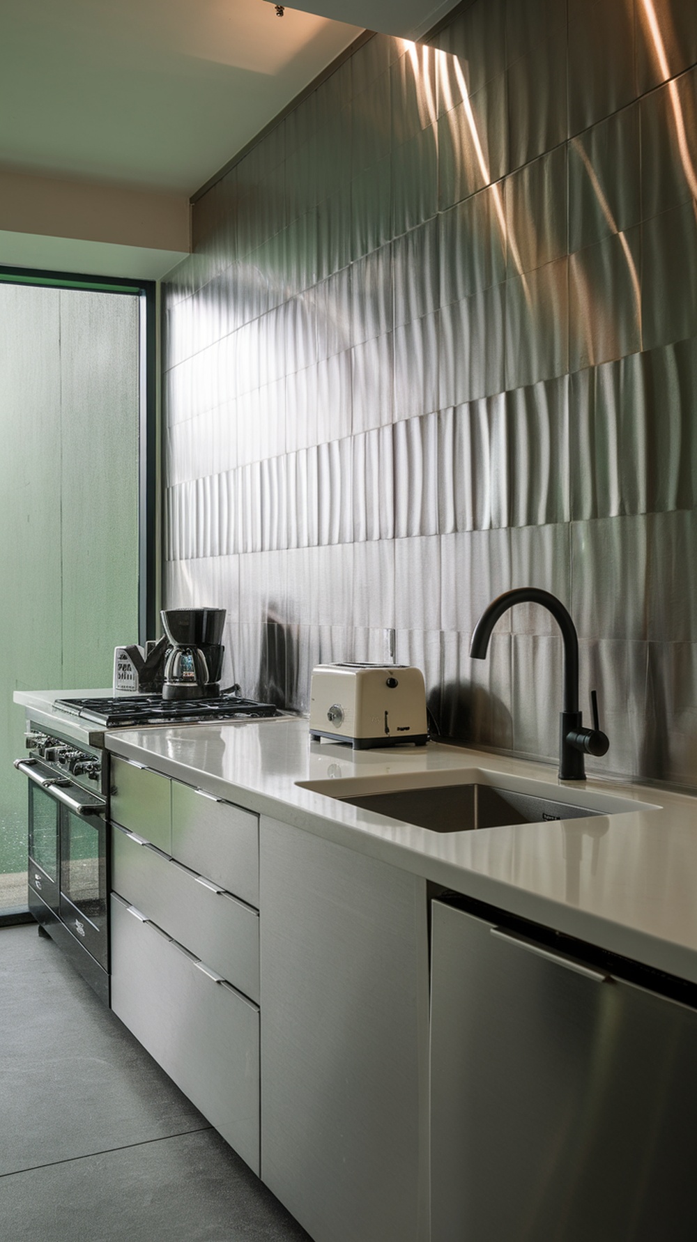 A modern kitchen featuring a metallic backsplash with a sleek design, complemented by minimalist cabinetry and appliances.