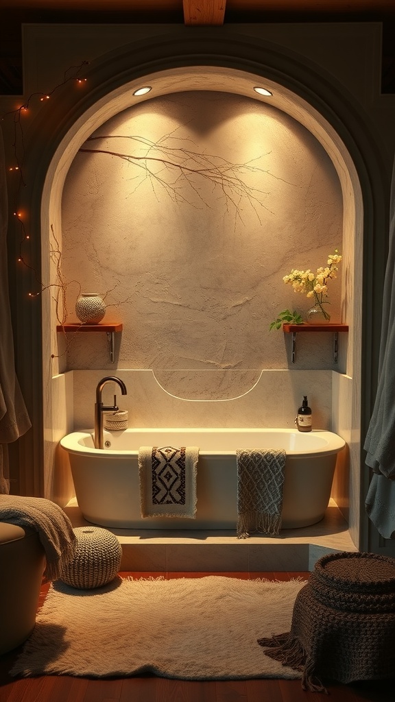 A cozy nook with a built-in bathtub, warm lighting, and textured decor.