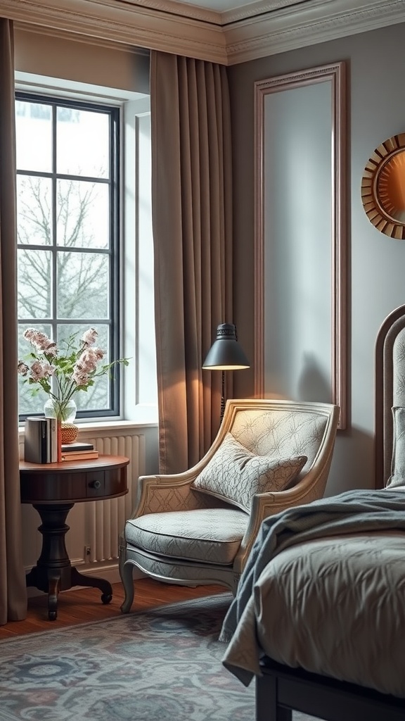 A cozy reading nook in a luxury bedroom featuring a comfortable chair, side table, and soft curtains.