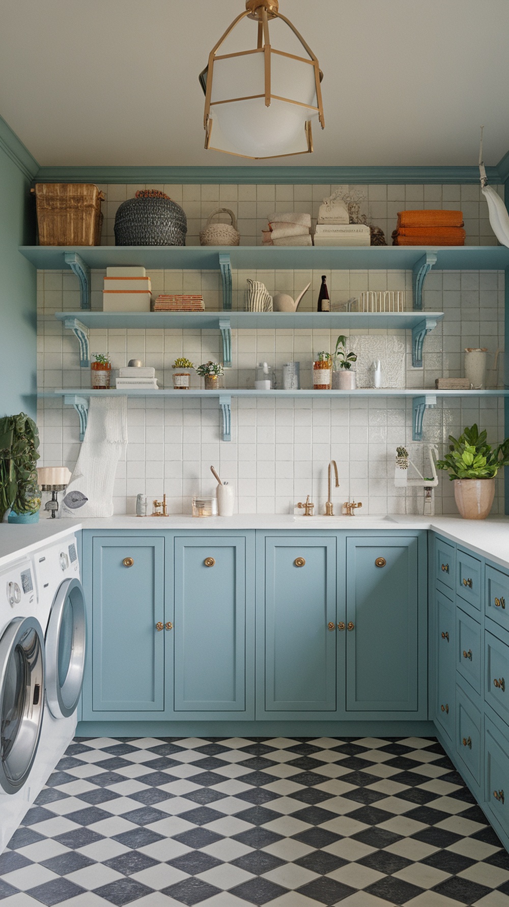 A stylish laundry room featuring light blue cabinets, a patterned floor, and decorative shelving.