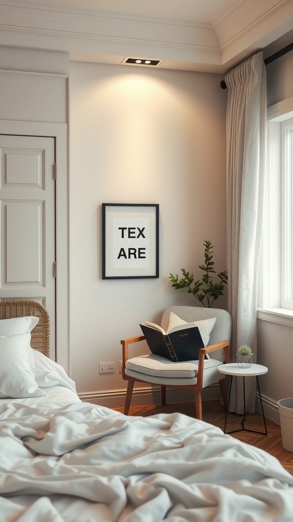 A cozy reading nook in a neutral bedroom featuring a soft armchair, a small side table with a plant, and a book.